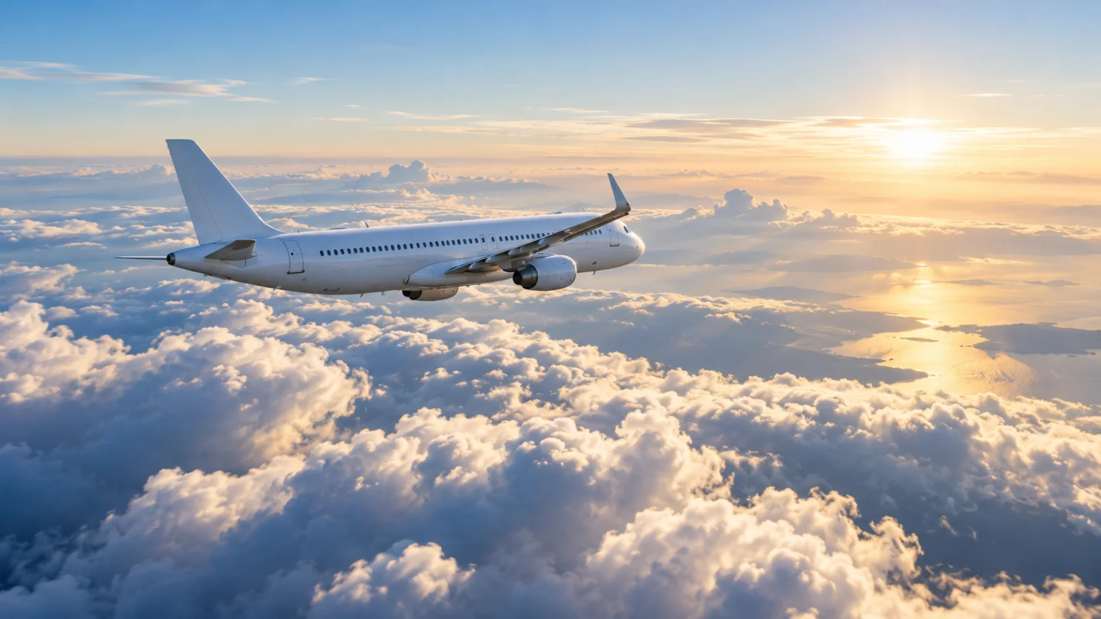An unbranded passenger aircraft above sunlit clouds